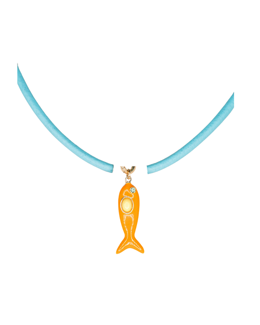 Powder Blue Leather Orange Fish Necklace