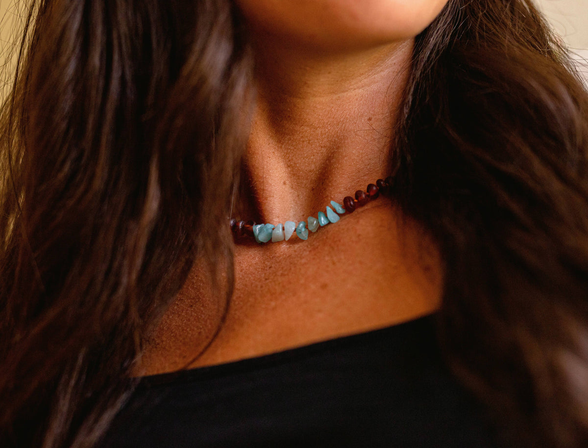 Raw Cognac Baltic Amber + Aquamarine || Necklace: 11" Baby Necklace