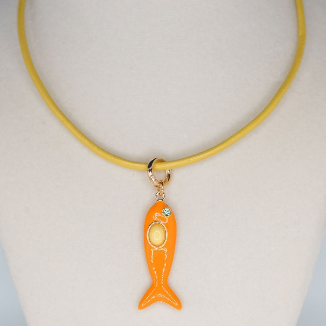 Powder Blue Leather Orange Fish Necklace
