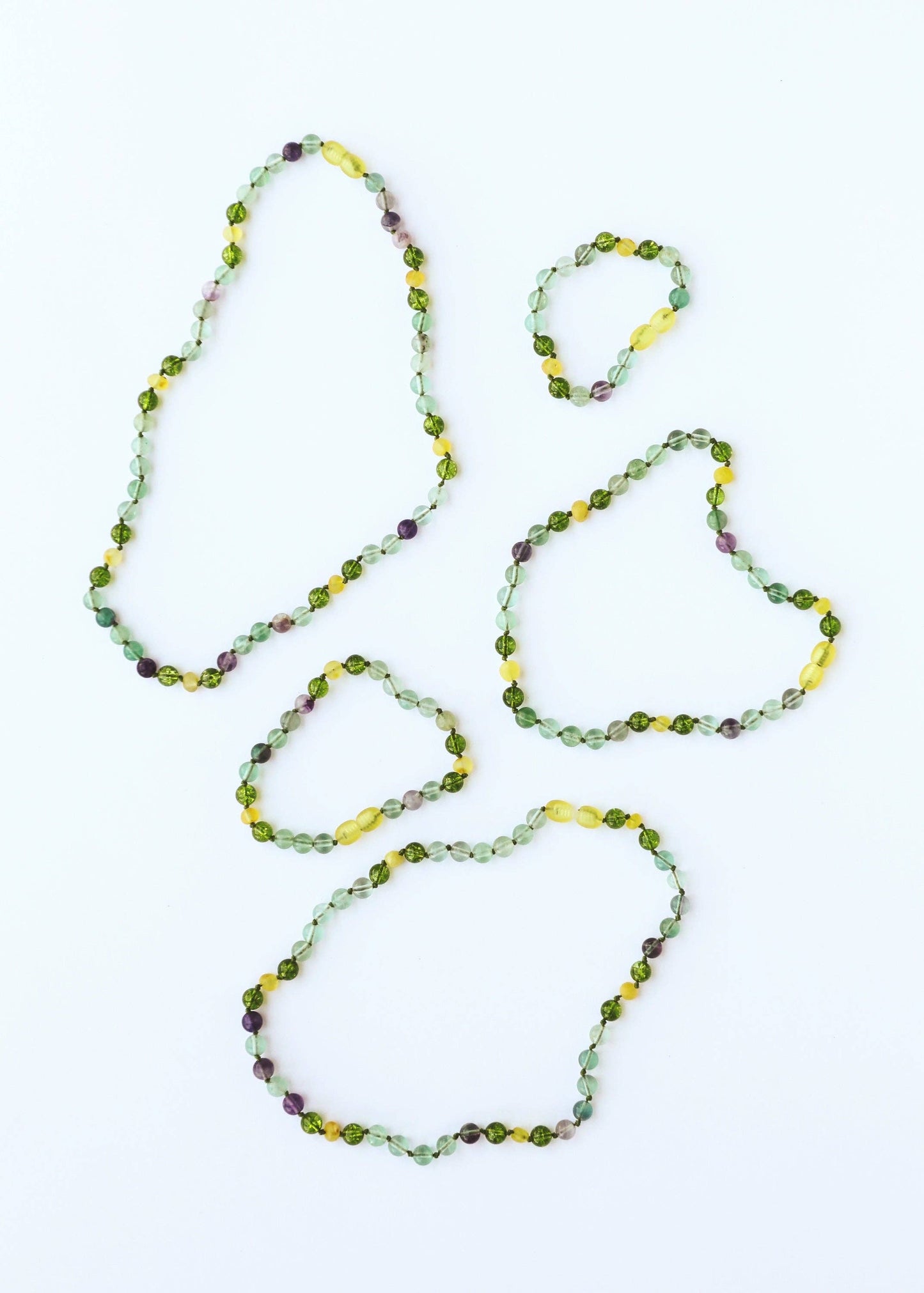 Raw Baltic Sea Amber + Fluorite + Peridot || Gemstone Necklace: 11" Baby Necklace