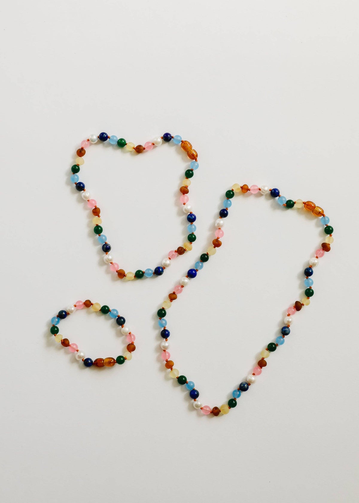 Raw Baltic Amber and Pearl Necklace + Sweet Pink Gemstones: 11" Baby Necklace