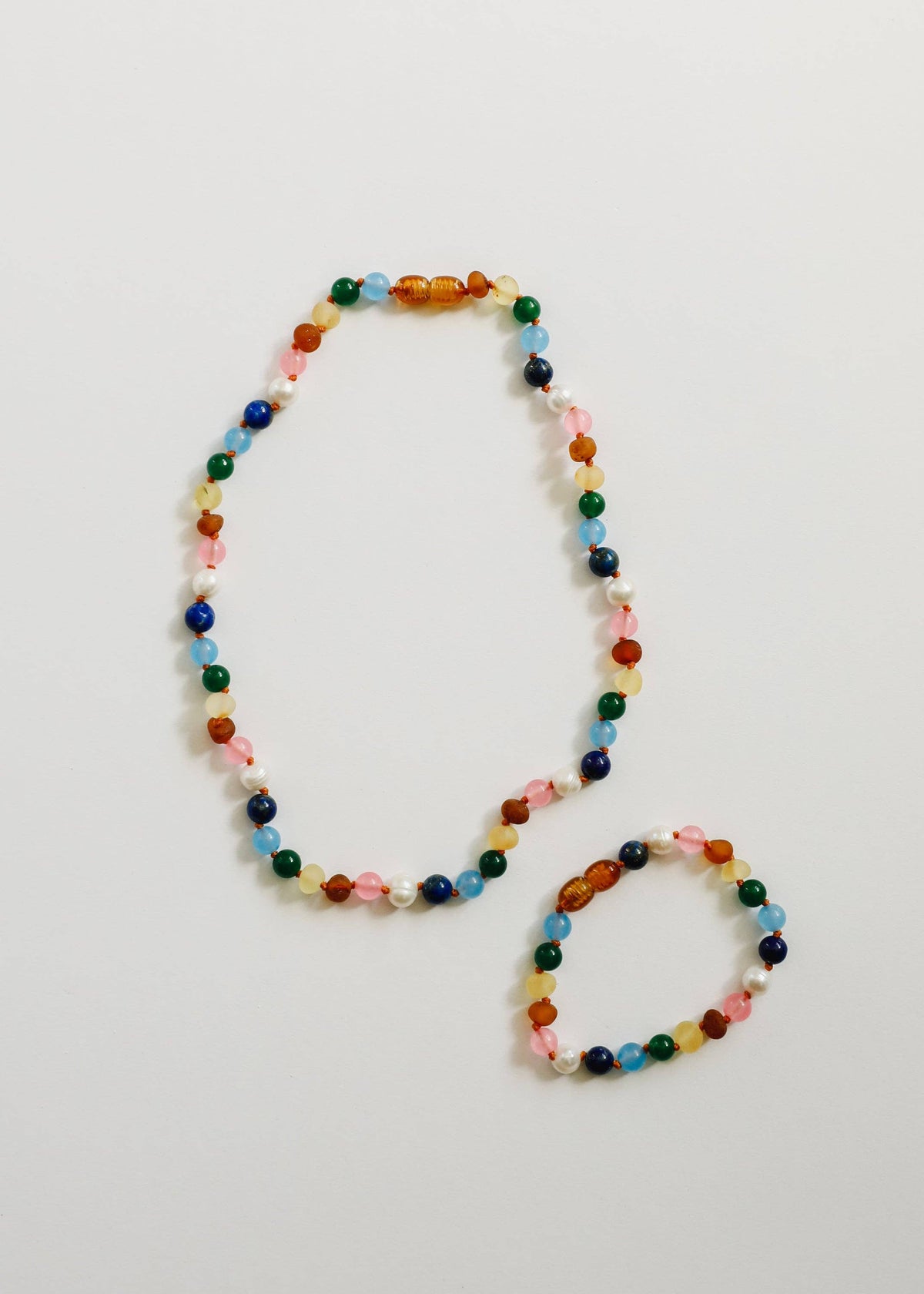 Raw Baltic Amber and Pearl Necklace + Sweet Pink Gemstones: 11" Baby Necklace