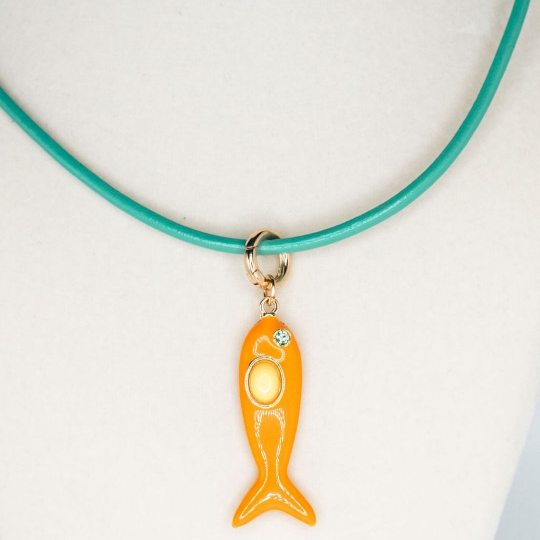 Powder Blue Leather Orange Fish Necklace