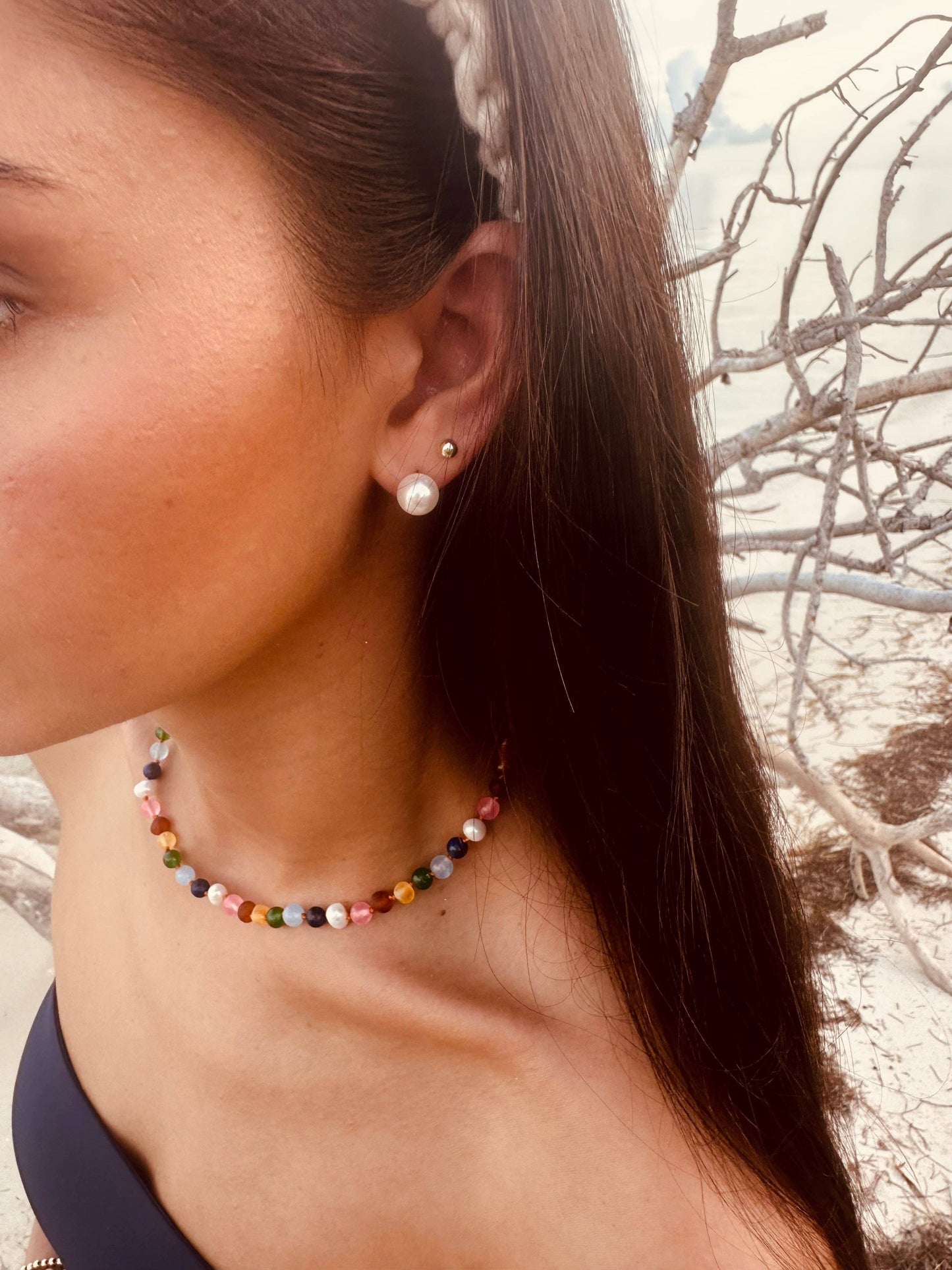 Raw Baltic Amber and Pearl Necklace + Sweet Pink Gemstones: 11" Baby Necklace