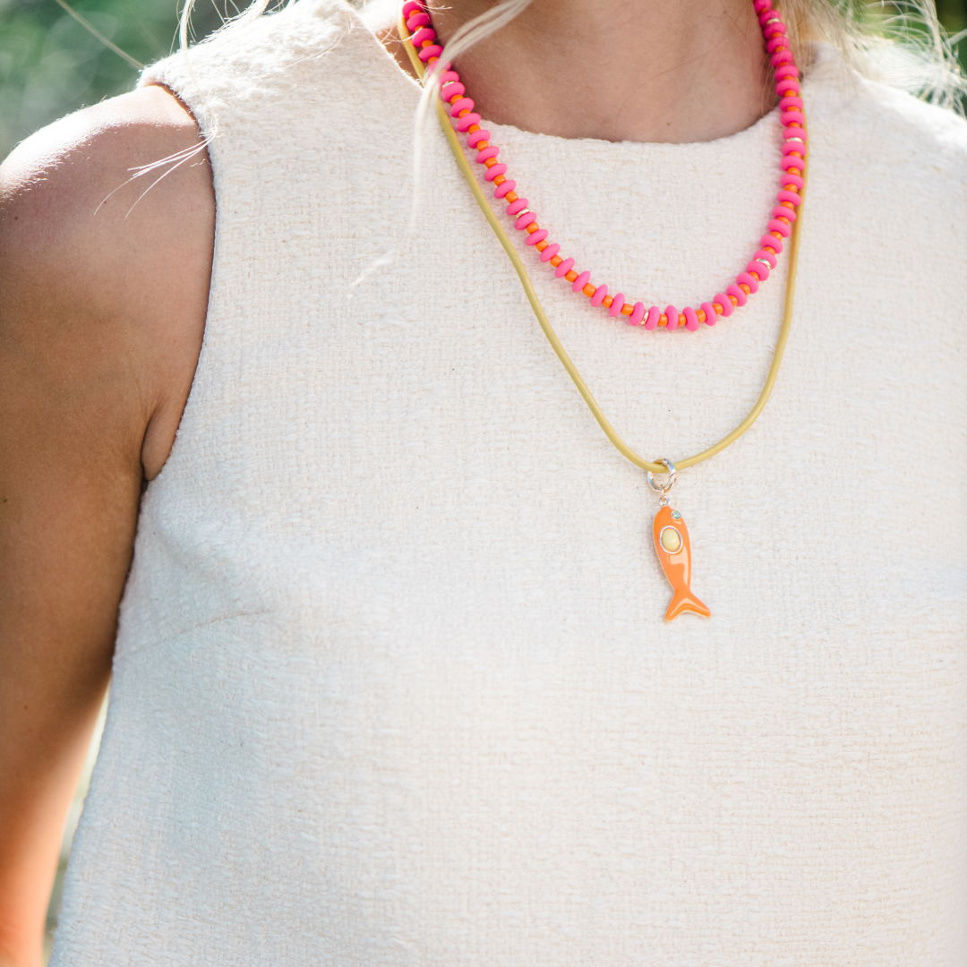 Powder Blue Leather Orange Fish Necklace