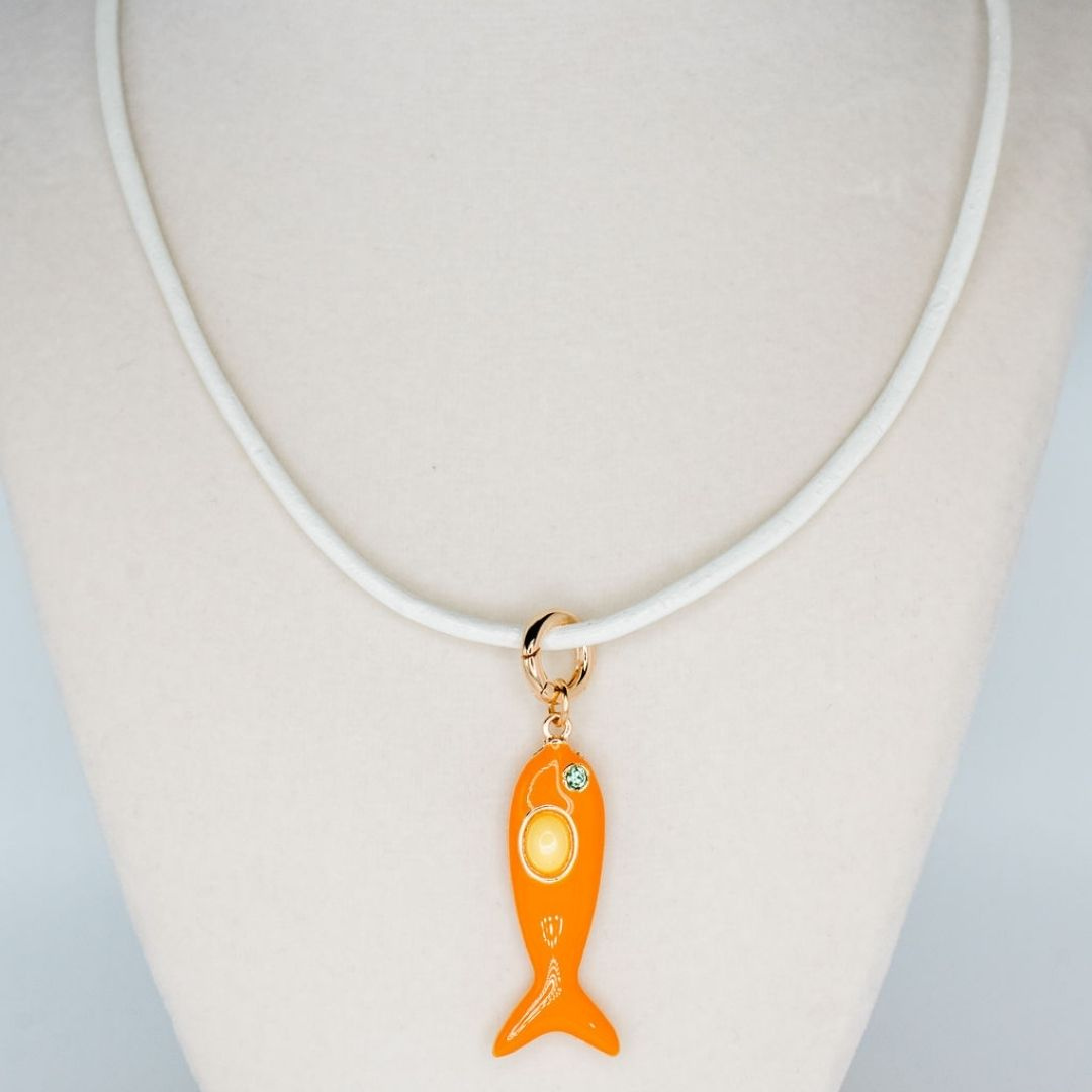 Powder Blue Leather Orange Fish Necklace