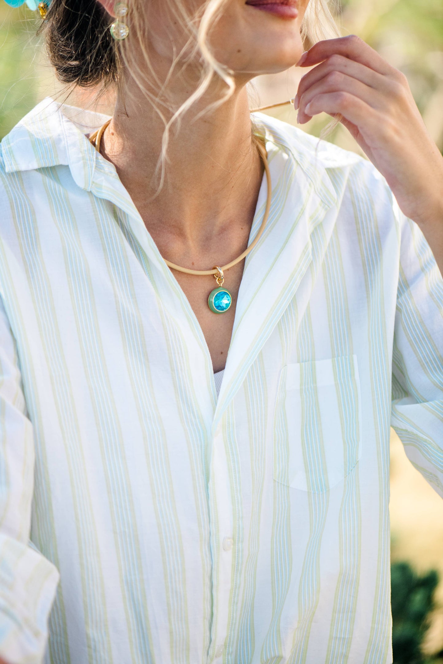Green Luna Pendant Powder Blue Necklace