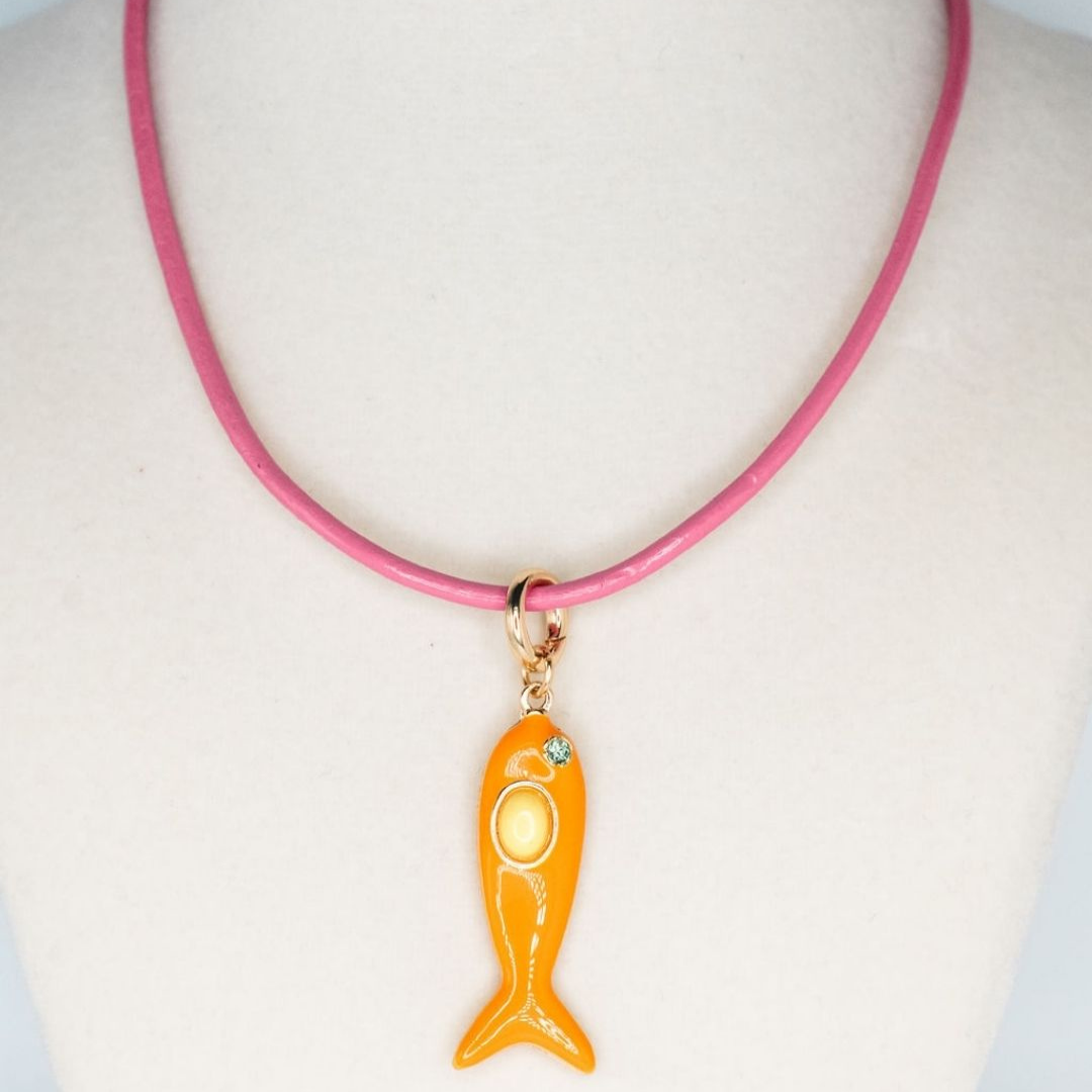 Powder Blue Leather Orange Fish Necklace